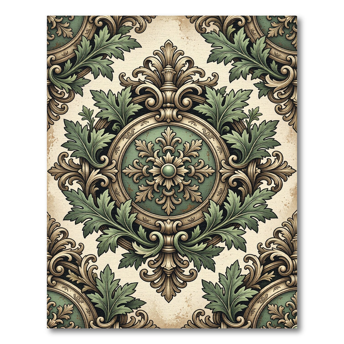 Ornate Sage Green Acanthus Medallion Rug