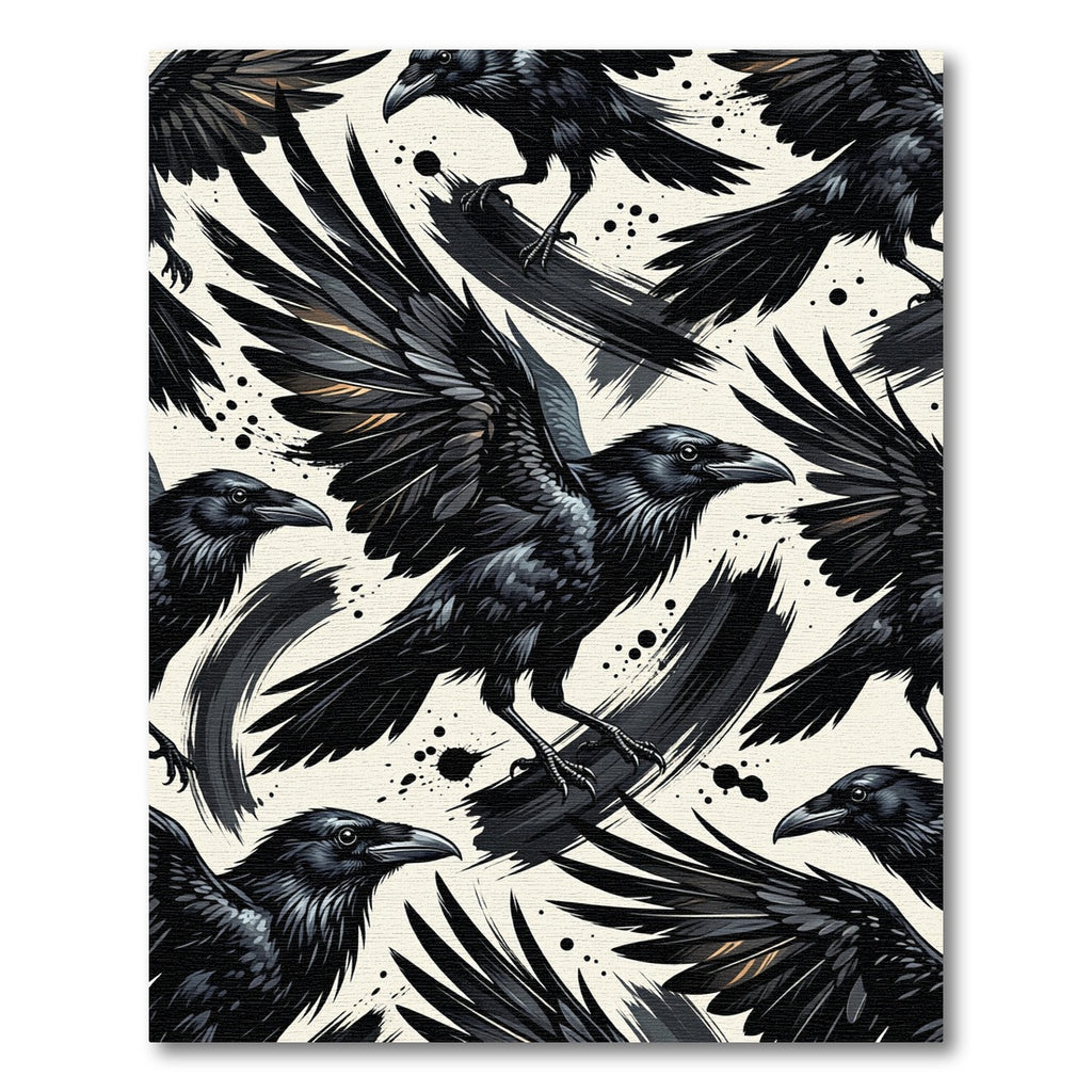 Dramatic Black Raven Ink Wash Illustration Rug