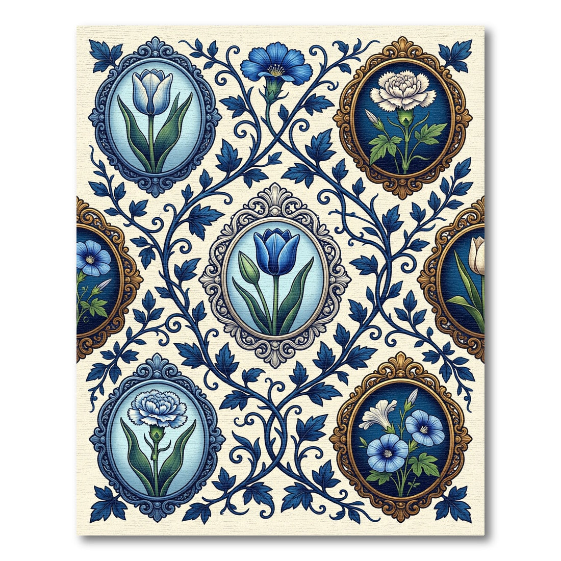 Elegant Blue Floral Cameo Botanical Rug