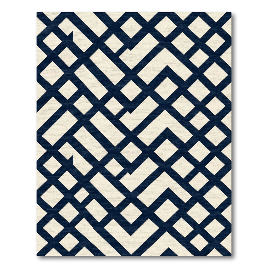 Midnight Navy Cream Interlocking Geometric Grid Rug