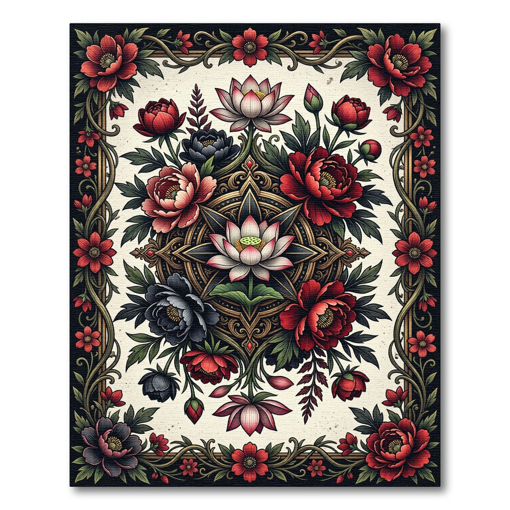 Elegant Crimson Lotus Floral Medallion Rug