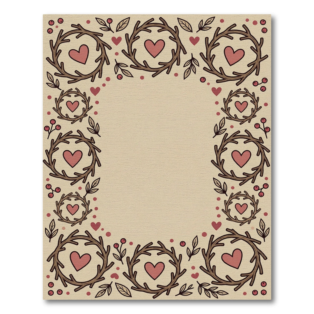 Earthy Twig Heart Wreath Border Rug