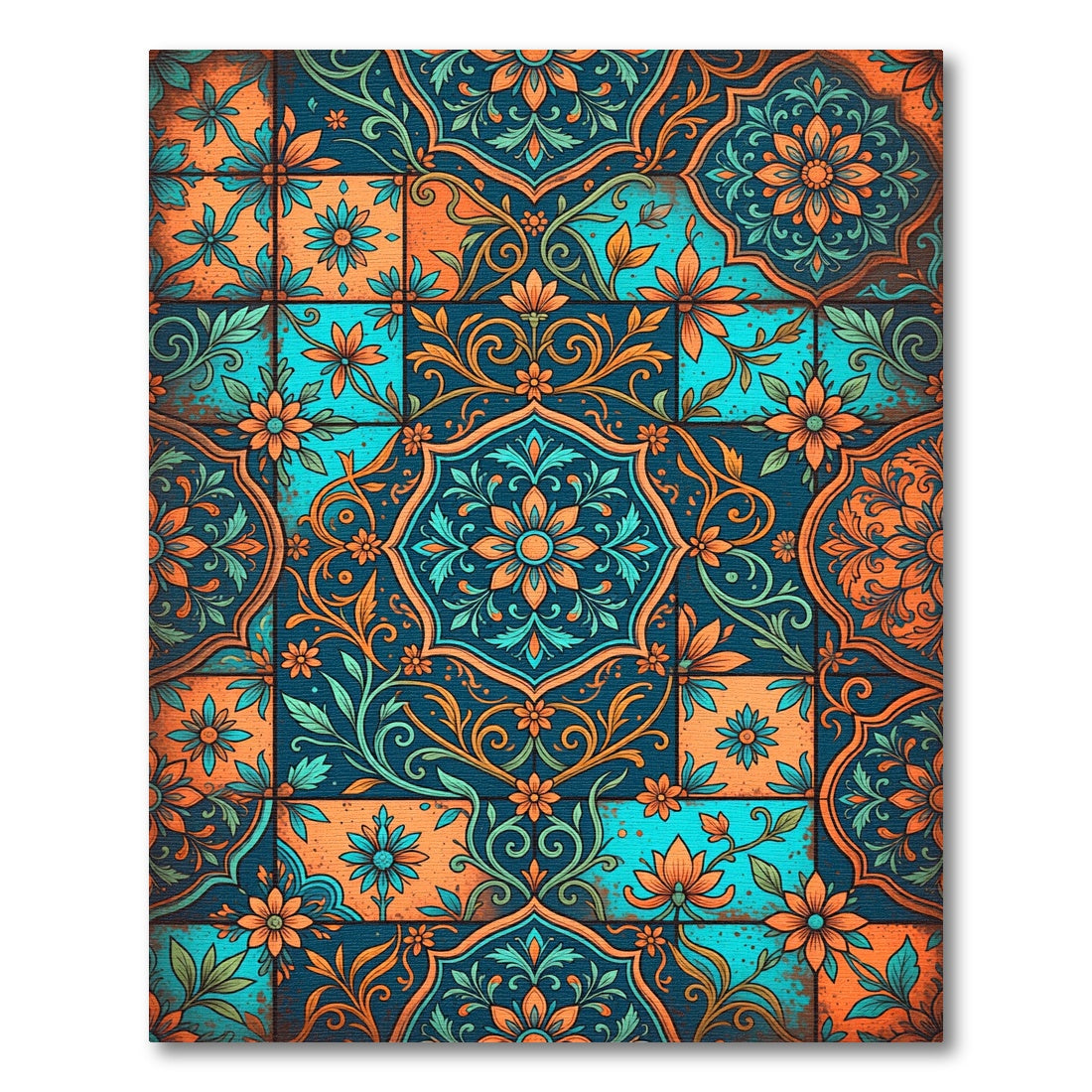Teal and Orange Floral Tile Medallion Rug
