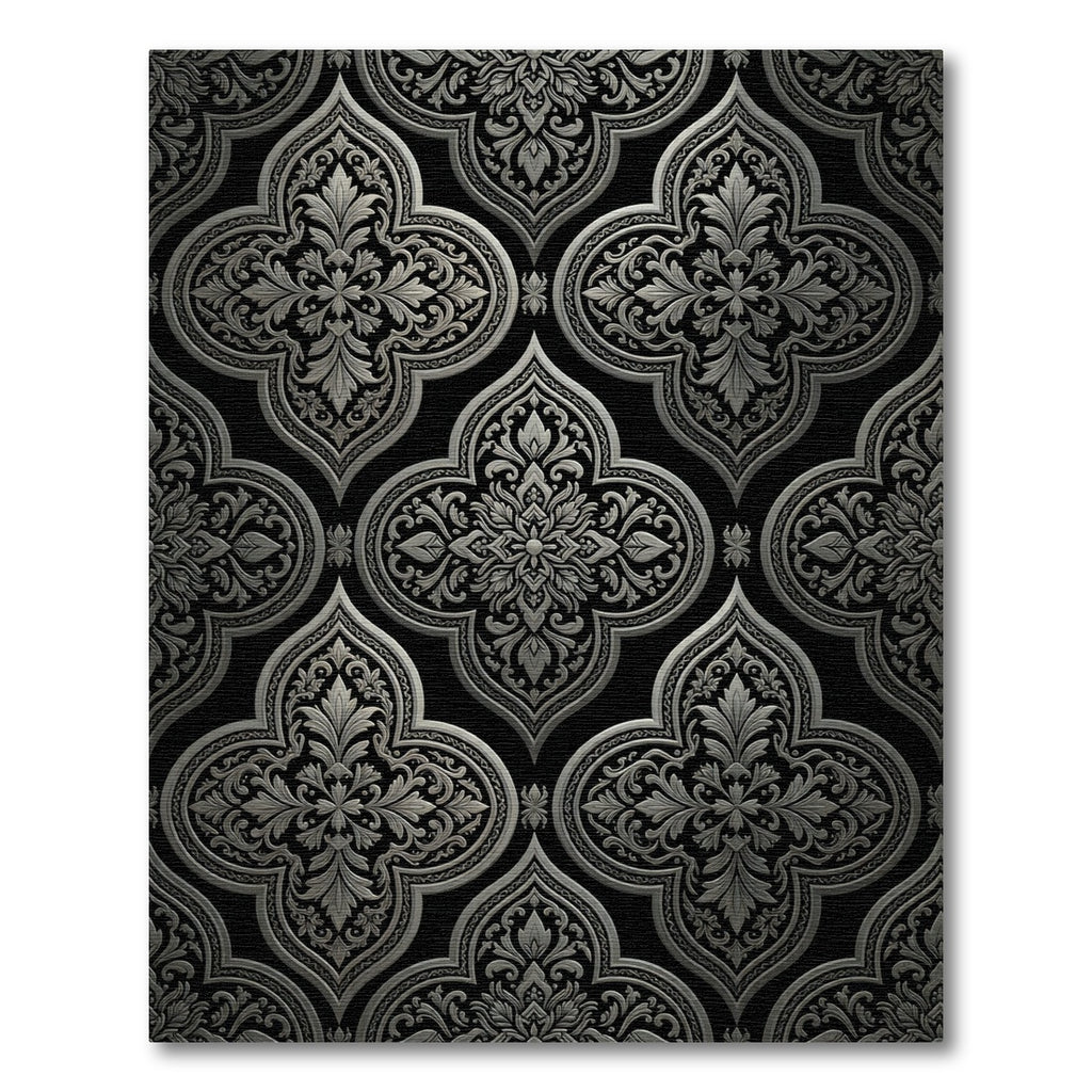 Elegant Metallic Silver Damask Trellis Rug