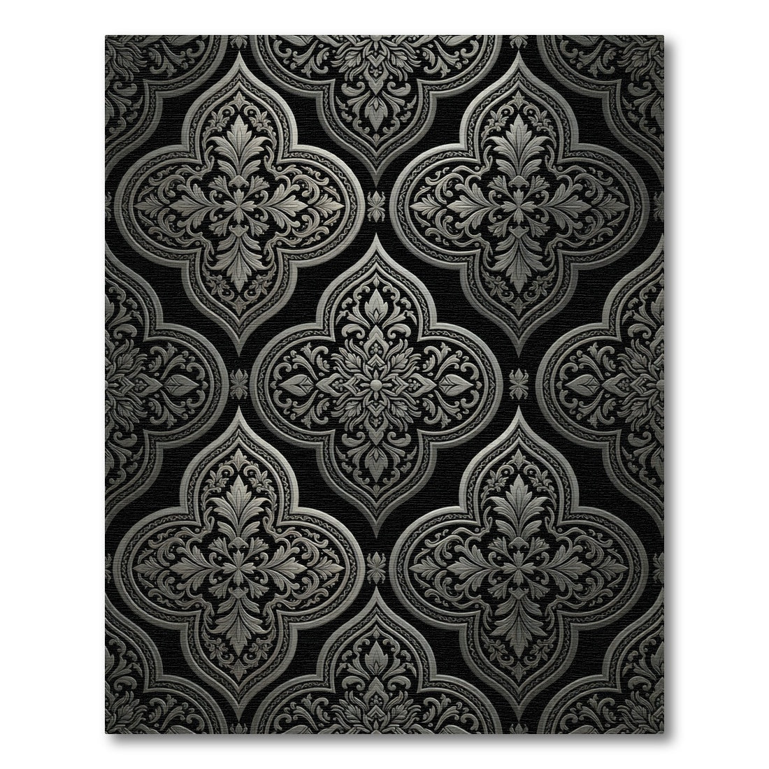 Elegant Metallic Silver Damask Trellis Rug