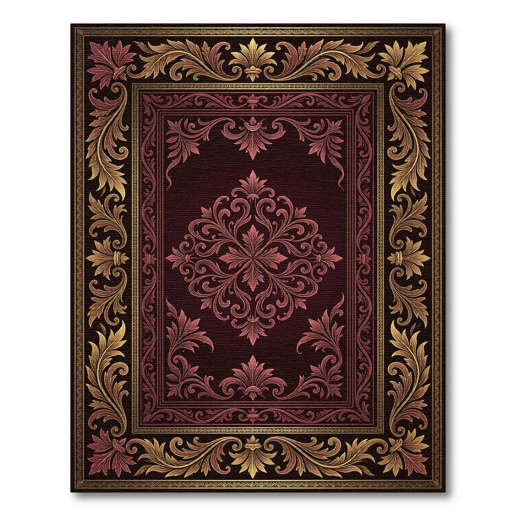 Ornate Damask Burgundy and Gold Medallion Rug