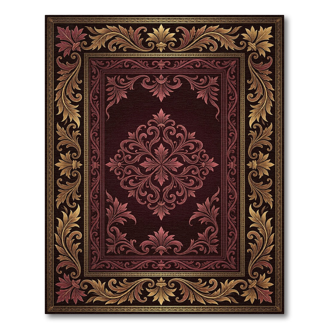 Ornate Damask Burgundy and Gold Medallion Rug