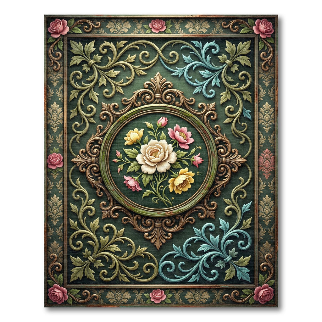 Elegant Moody Floral Medallion Sage Green Rug