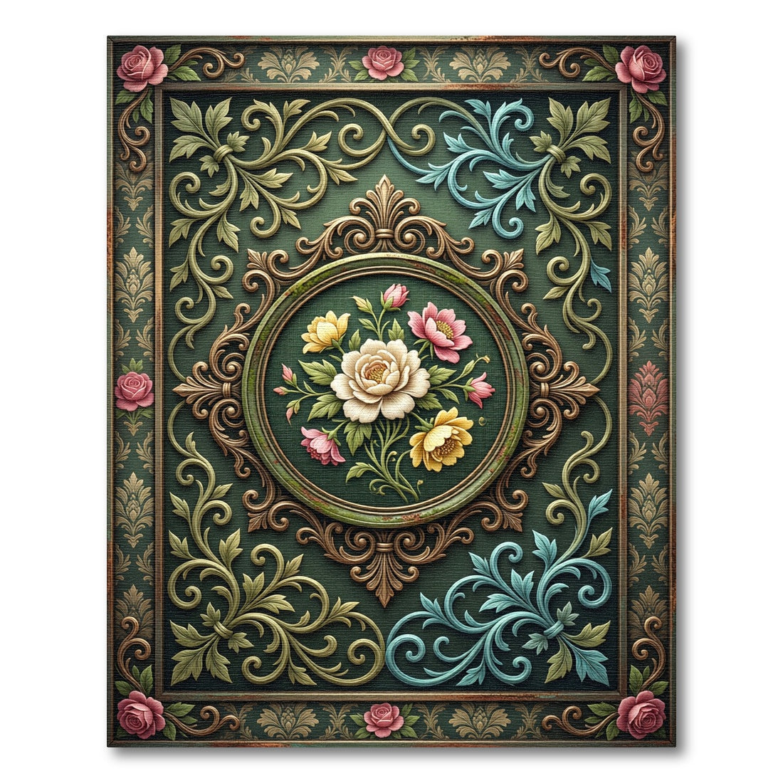 Elegant Moody Floral Medallion Sage Green Rug