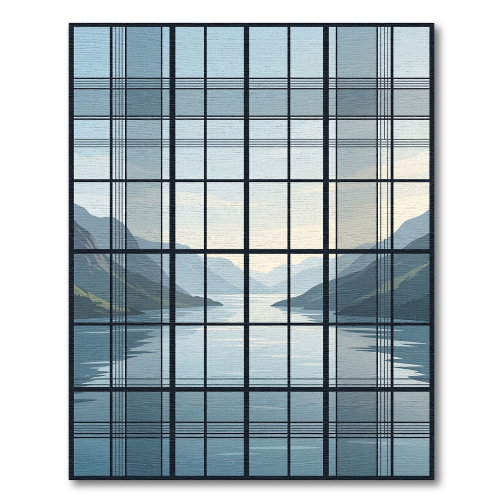 Serene Mountain Lake Grid Window View Rug