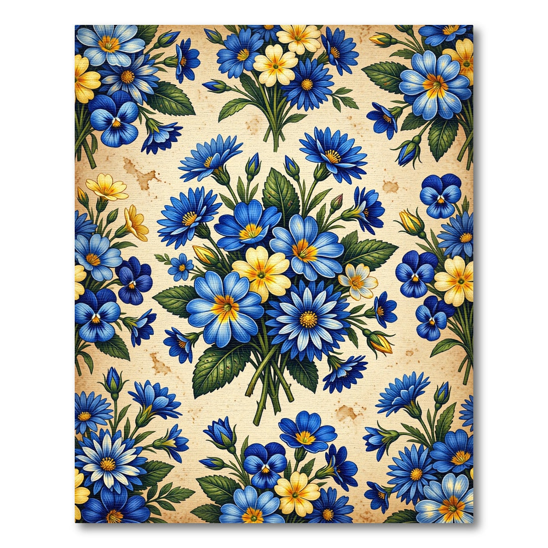 Vibrant Blue Yellow Floral Bouquet Collage Rug