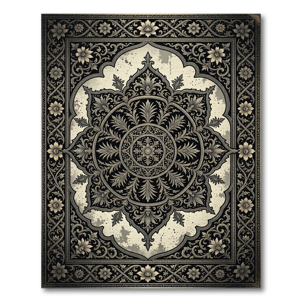 Ornate Charcoal Black Floral Medallion Rug