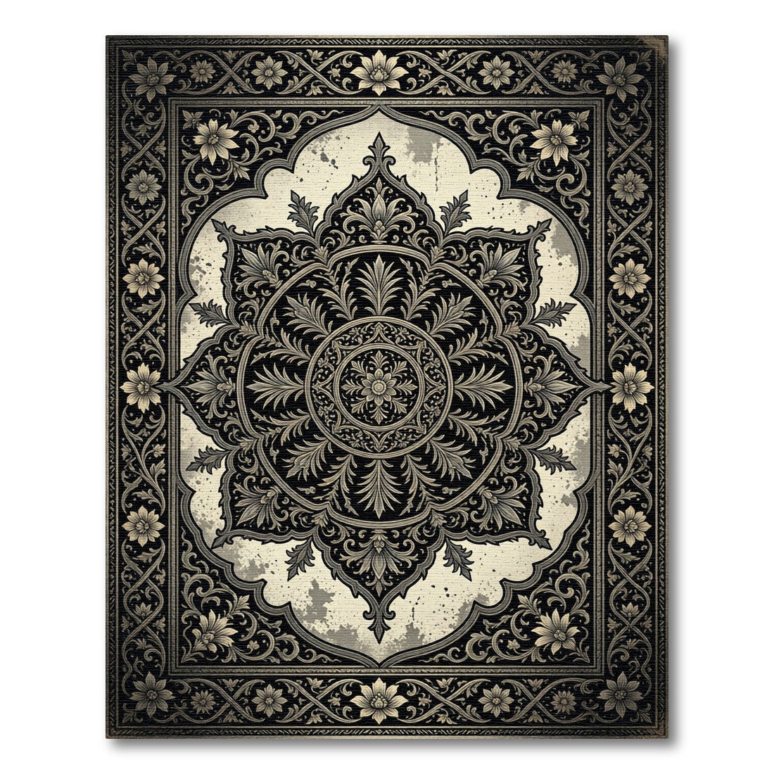Ornate Charcoal Black Floral Medallion Rug