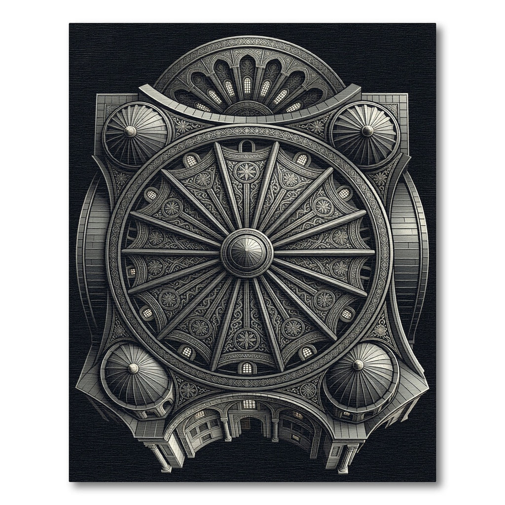 Ornate Monochrome Architectural Wheel Rug