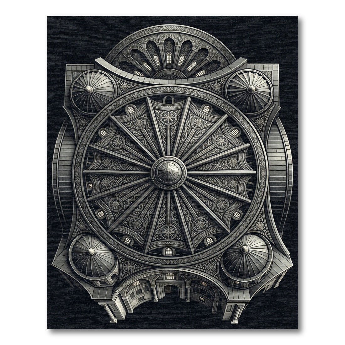 Ornate Monochrome Architectural Wheel Rug