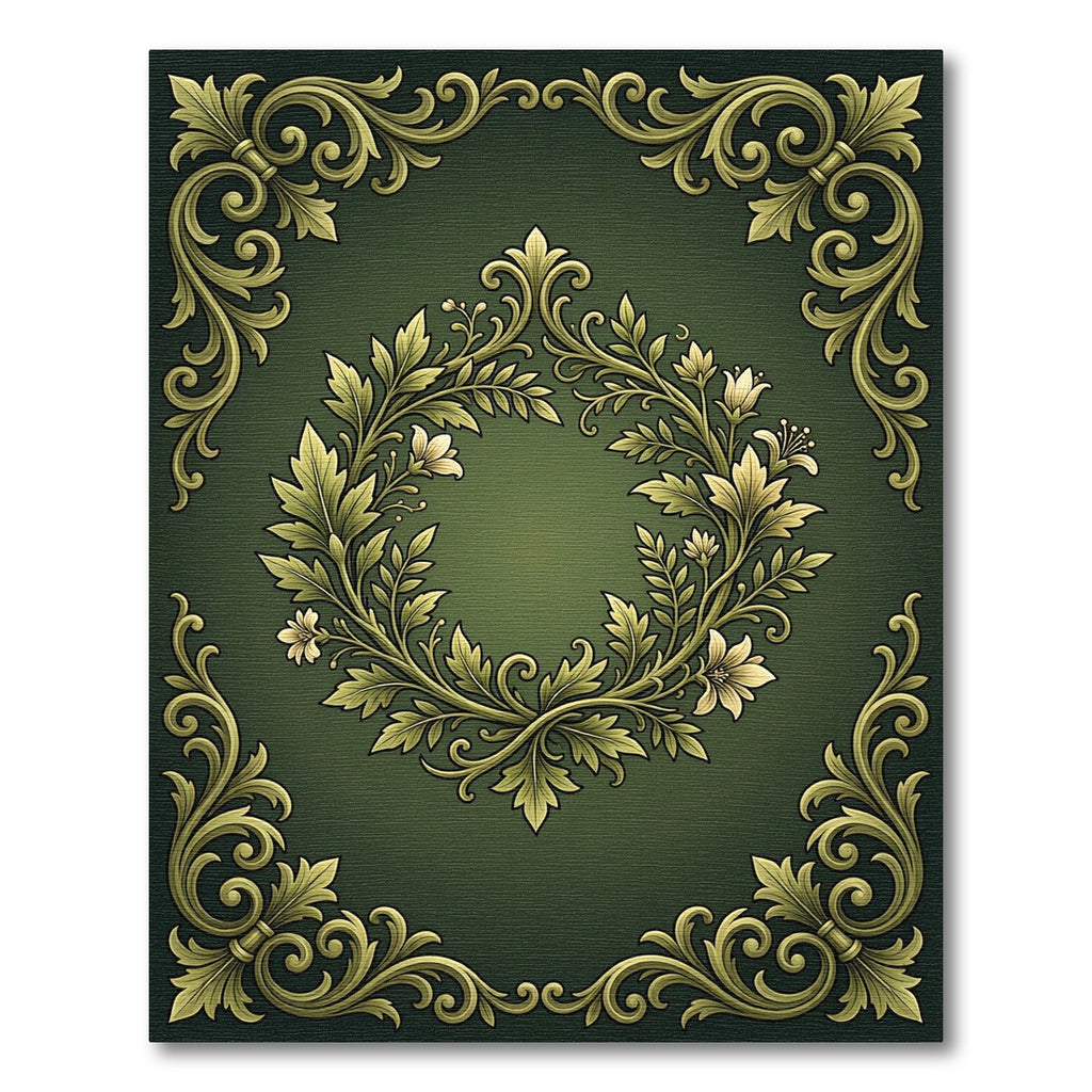 Elegant Sage Gold Ornate Botanical Wreath Rug