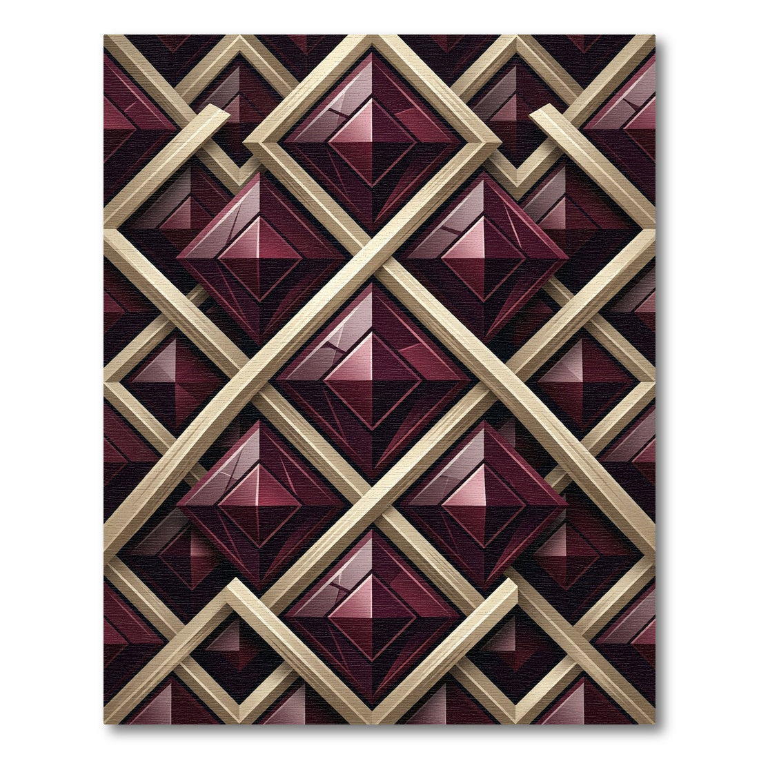 Deep Burgundy Geometric Art Deco Grid Rug