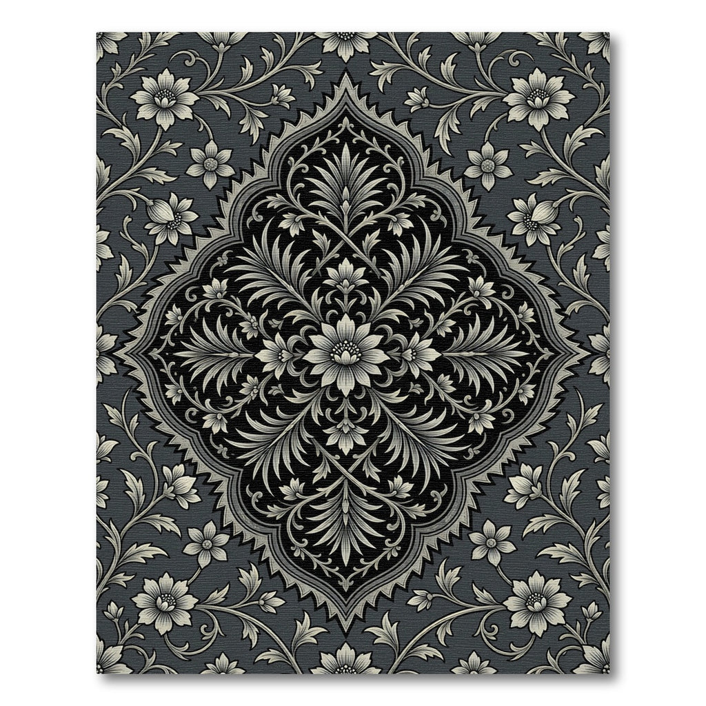 Classic Charcoal Ivory Floral Medallion Rug