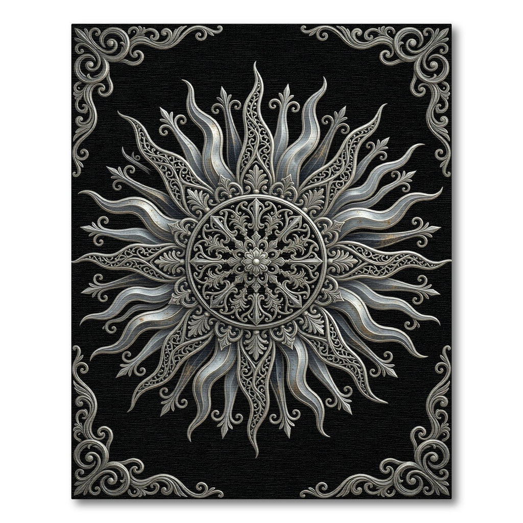 Ornate Silver Sunburst Filigree Rug