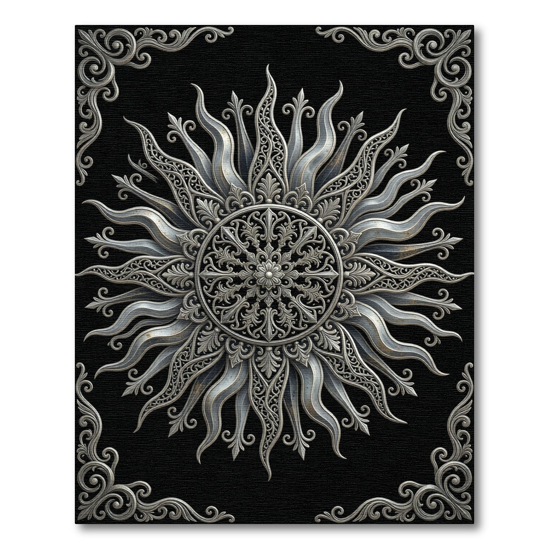 Ornate Silver Sunburst Filigree Rug