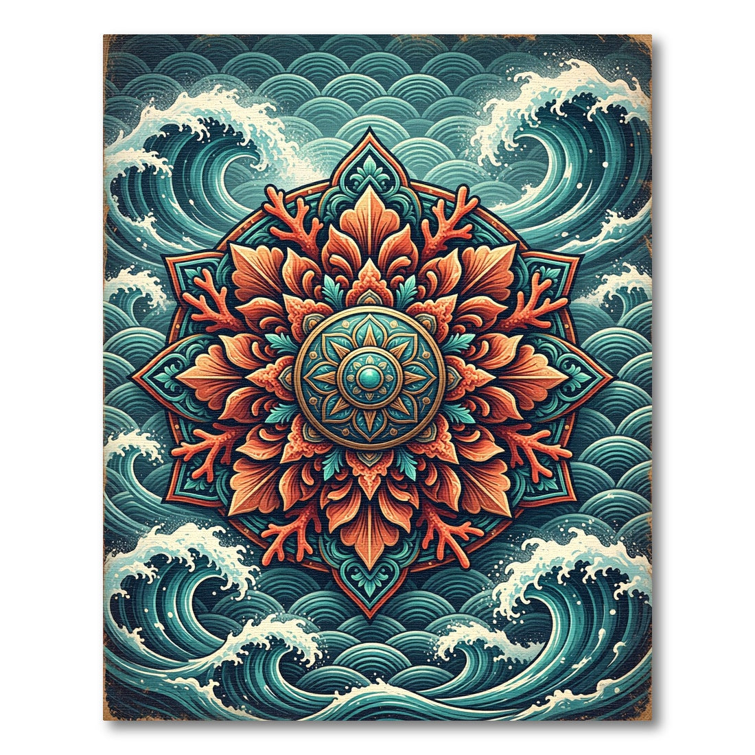 Ornate Coral Mandala with Ocean Waves Rug