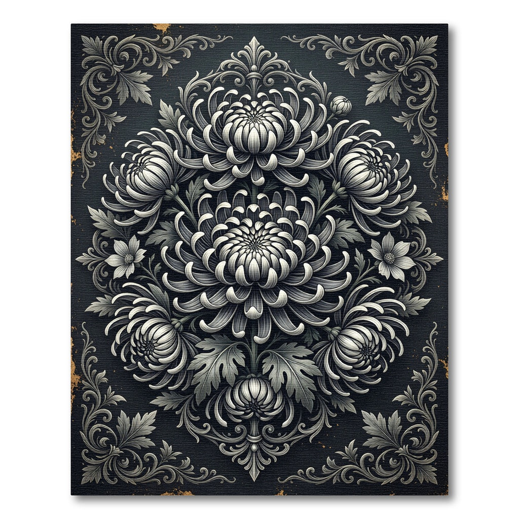 Monochromatic Chrysanthemum Floral Damask Medallion Rug
