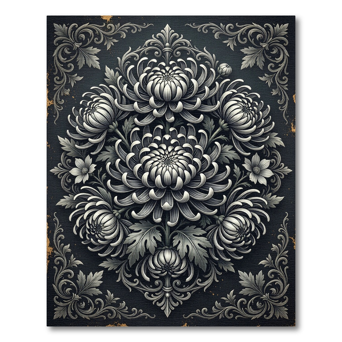 Monochromatic Chrysanthemum Floral Damask Medallion Rug