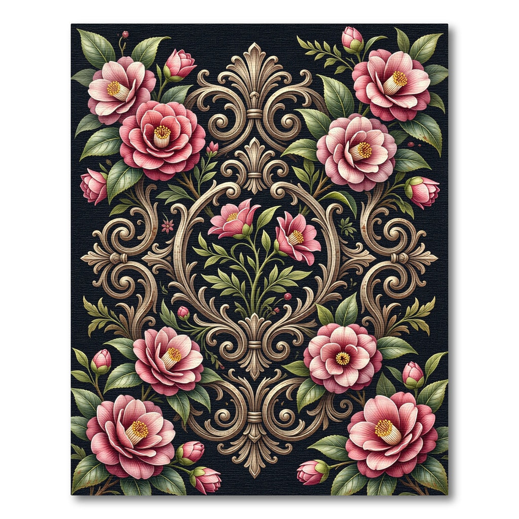 Elegant Pink Camellia Gold Scrollwork Rug