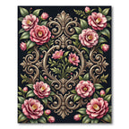 Elegant Pink Camellia Gold Scrollwork Rug