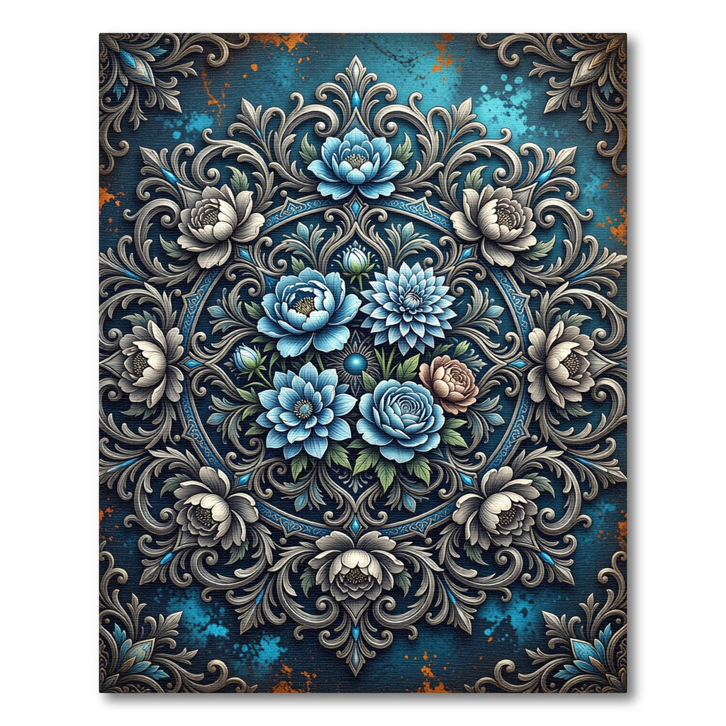 Ornate Blue Floral Damask Medallion Rug