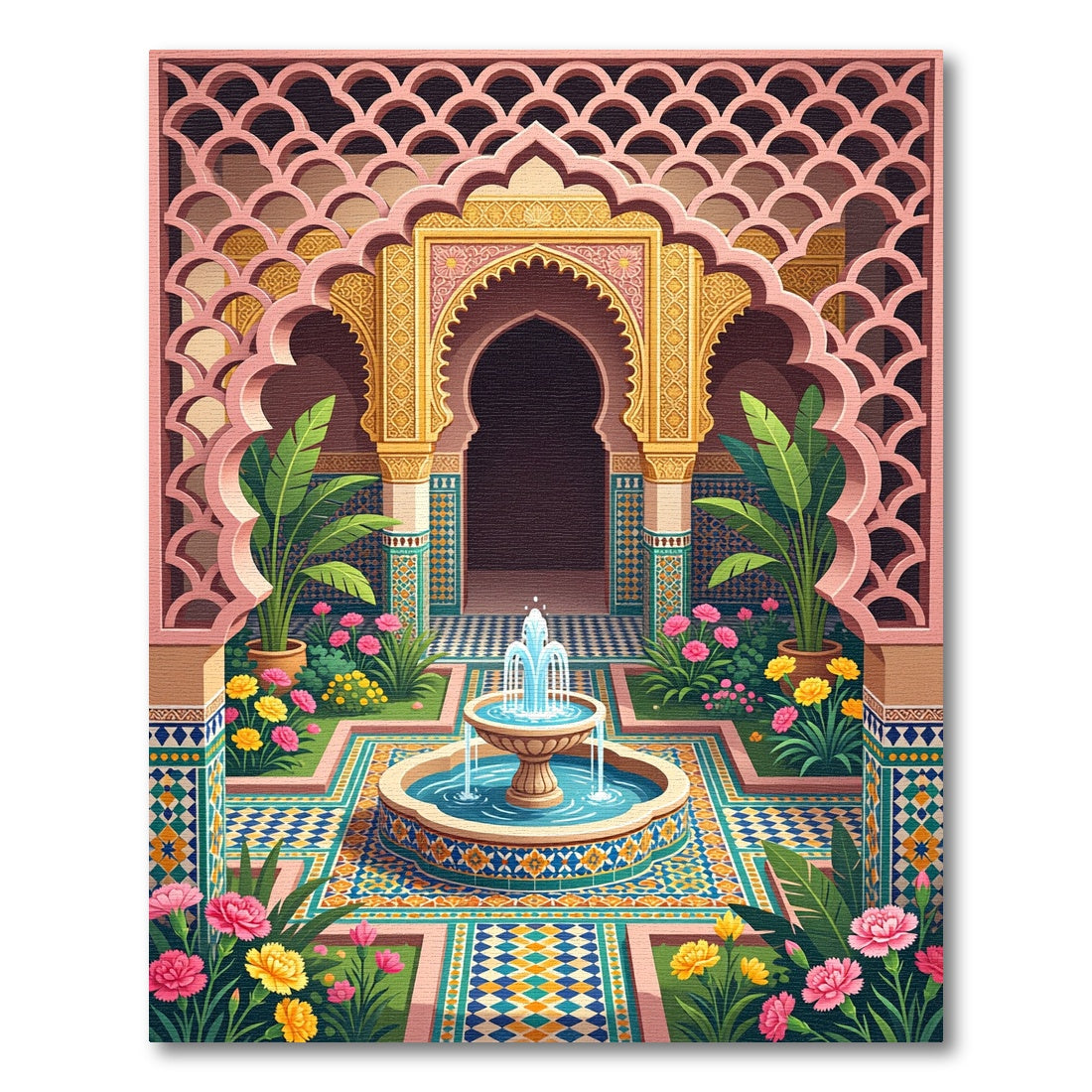 Vibrant Mediterranean Floral Fountain Arch Rug