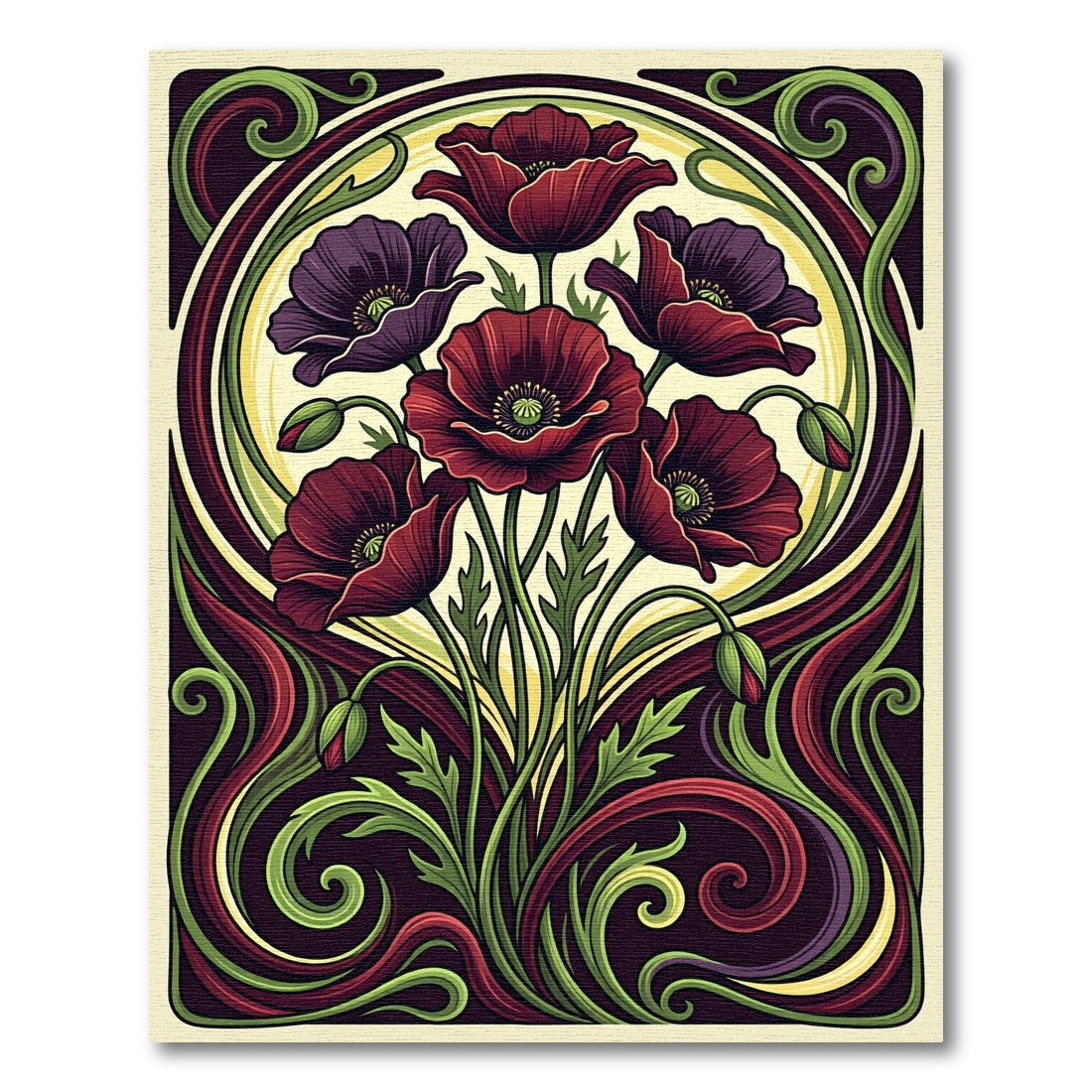 Art Nouveau Burgundy Poppy Floral Cream Rug