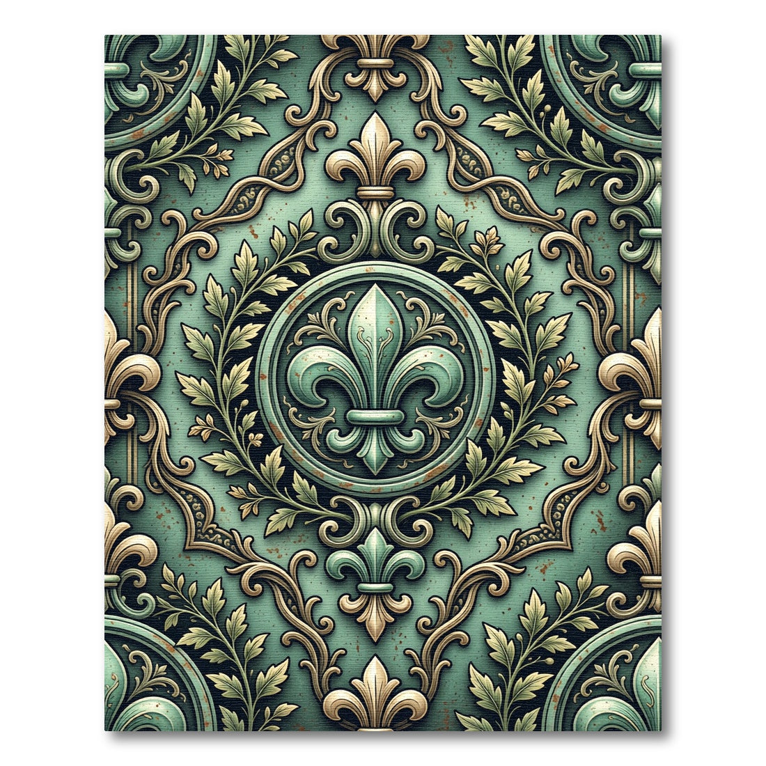 Elegant Sage Fleur de Lis Medallion Rug