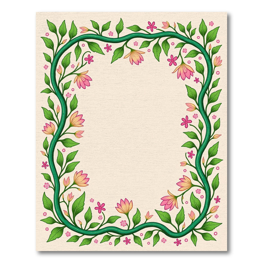 Green Vine Pink Floral Garden Border Rug