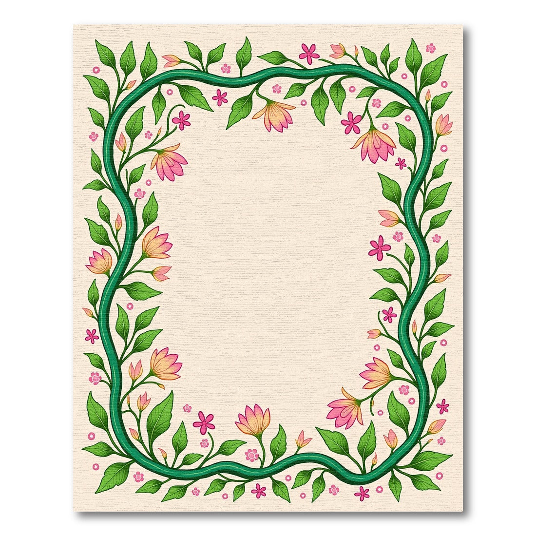 Green Vine Pink Floral Garden Border Rug