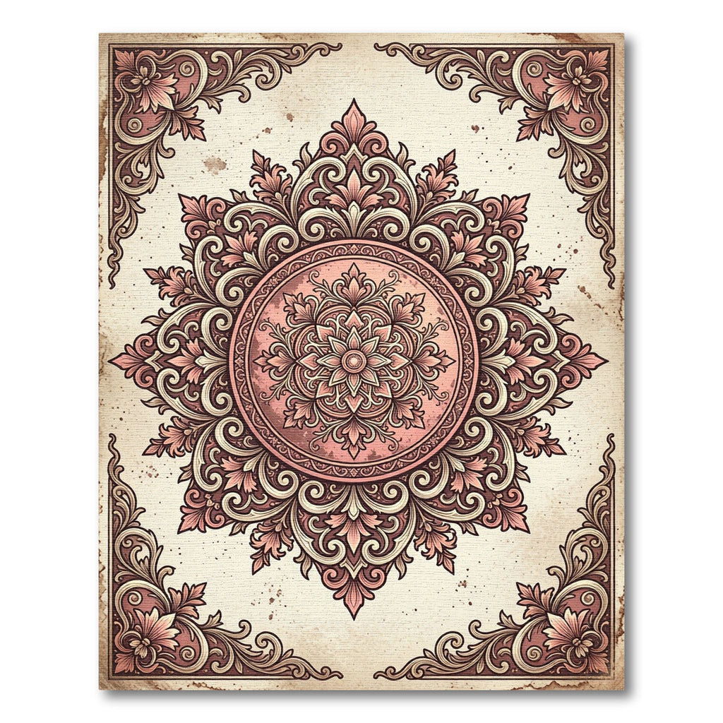 Vintage Rose Gold Ornate Filigree Medallion Rug