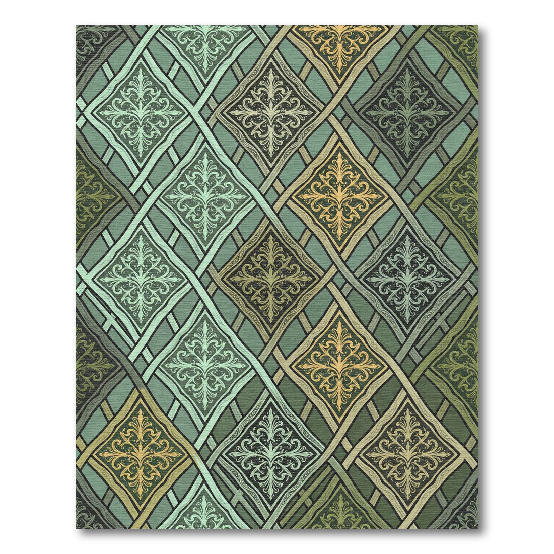 Sage Green Damask Interlocking Lattice Rug