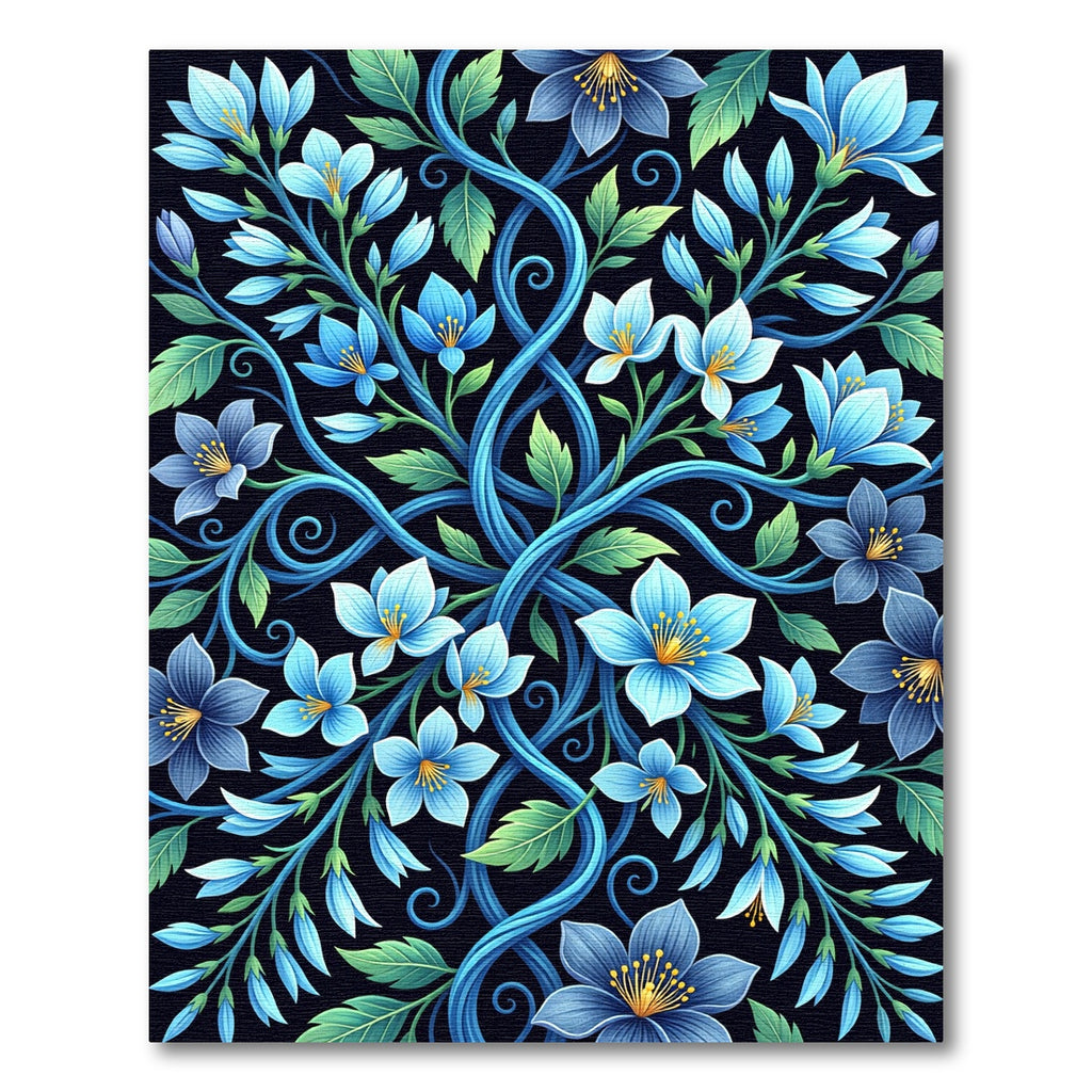 Botanical Blue Swirling Floral Vines Rug