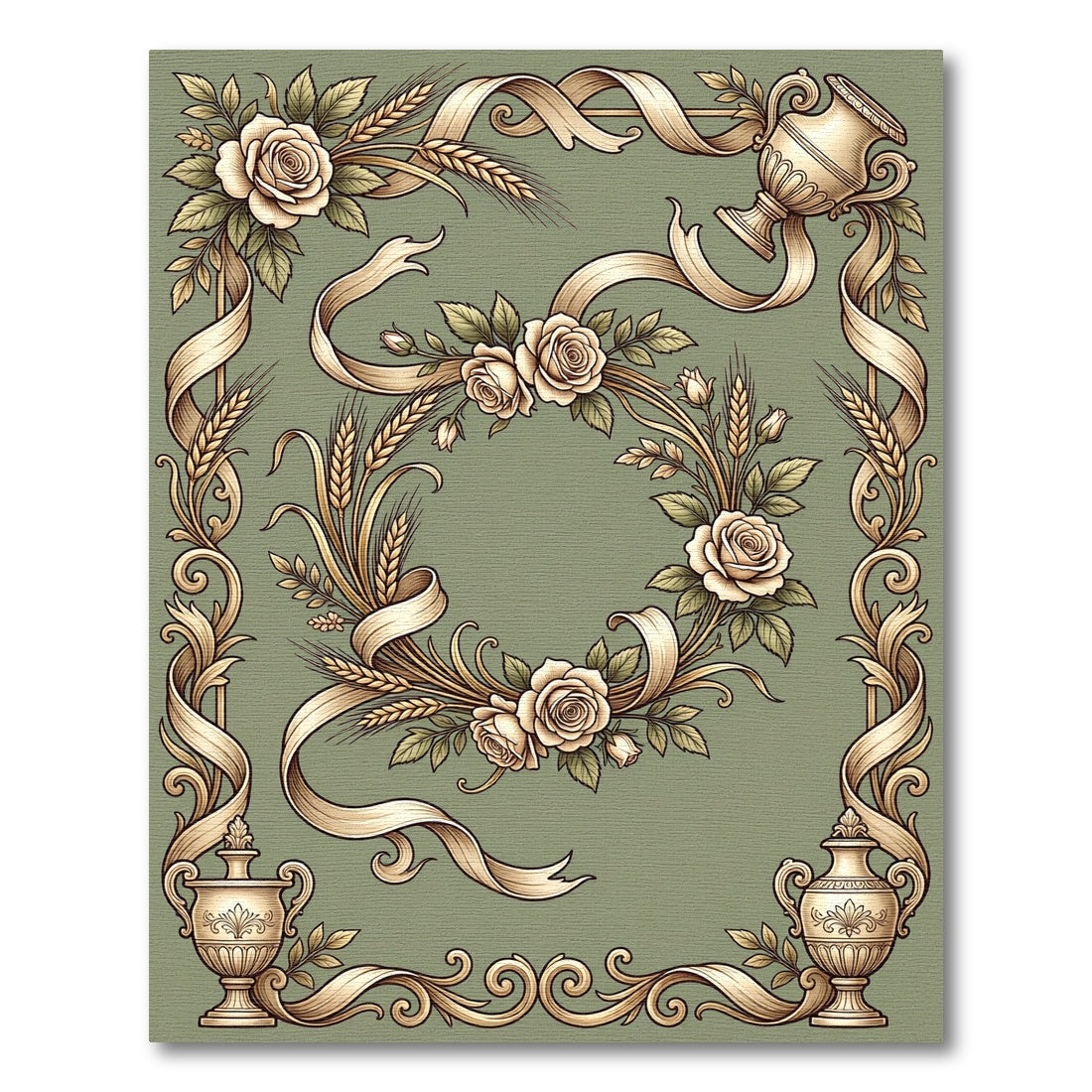 Vintage Ivory Rose Wheat Ribbon Frame Rug