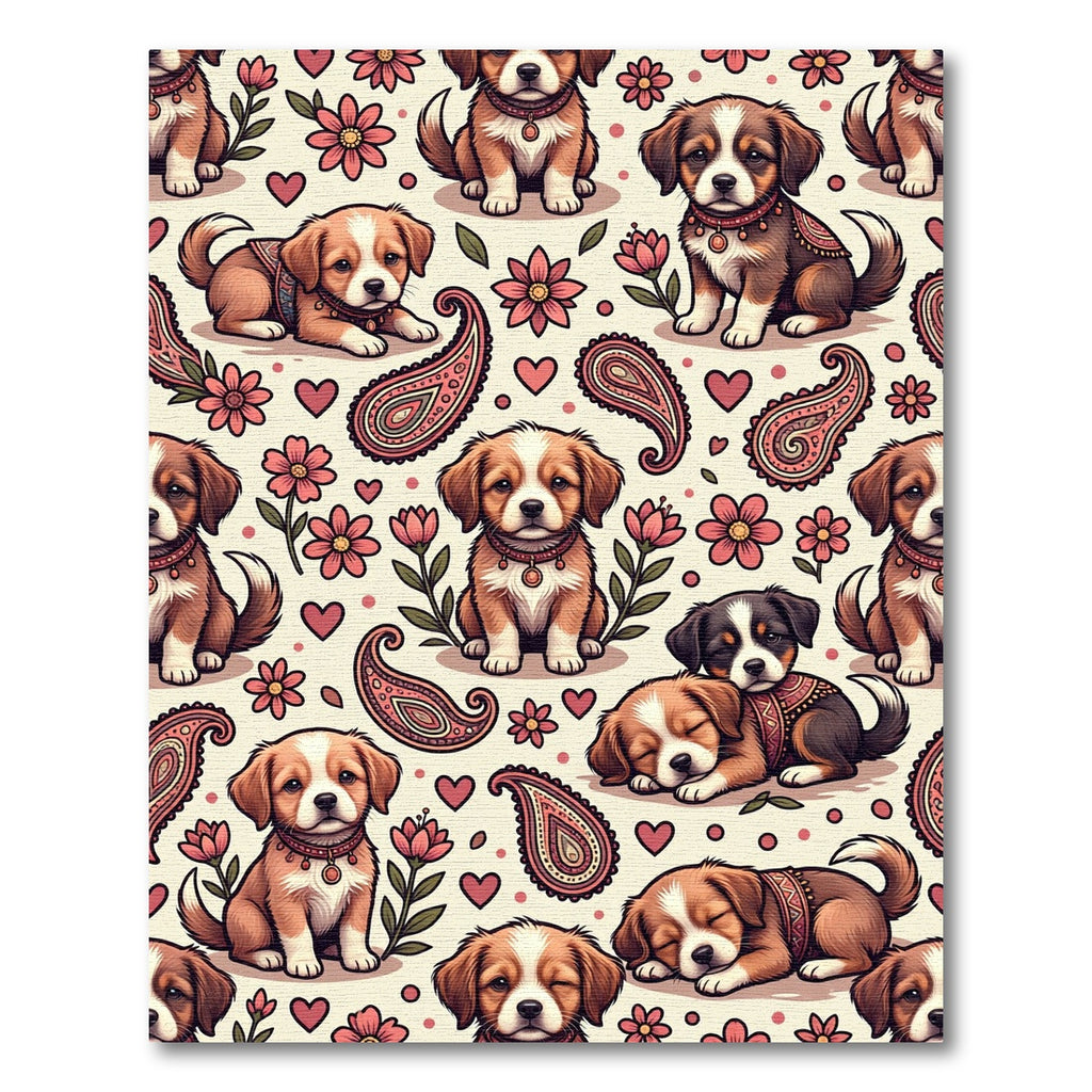Cute Puppy Floral Paisley Boho Illustration Rug