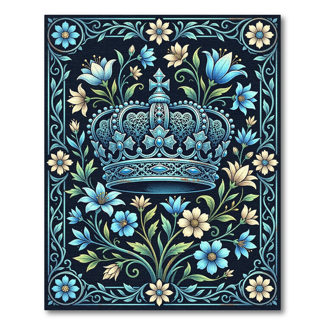 Ornate Blue Floral Crown Art Rug