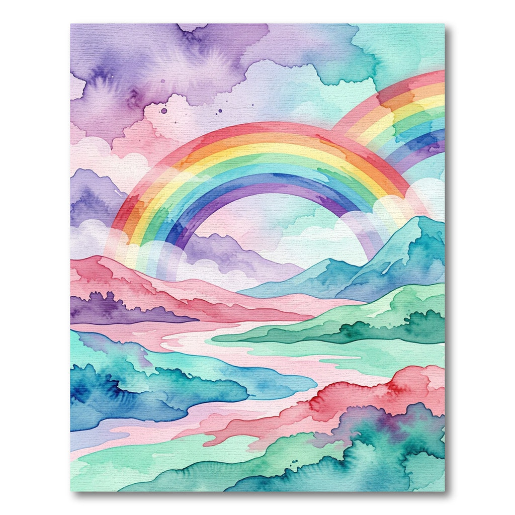 Watercolor Rainbow Landscape Serene Meadow Rug