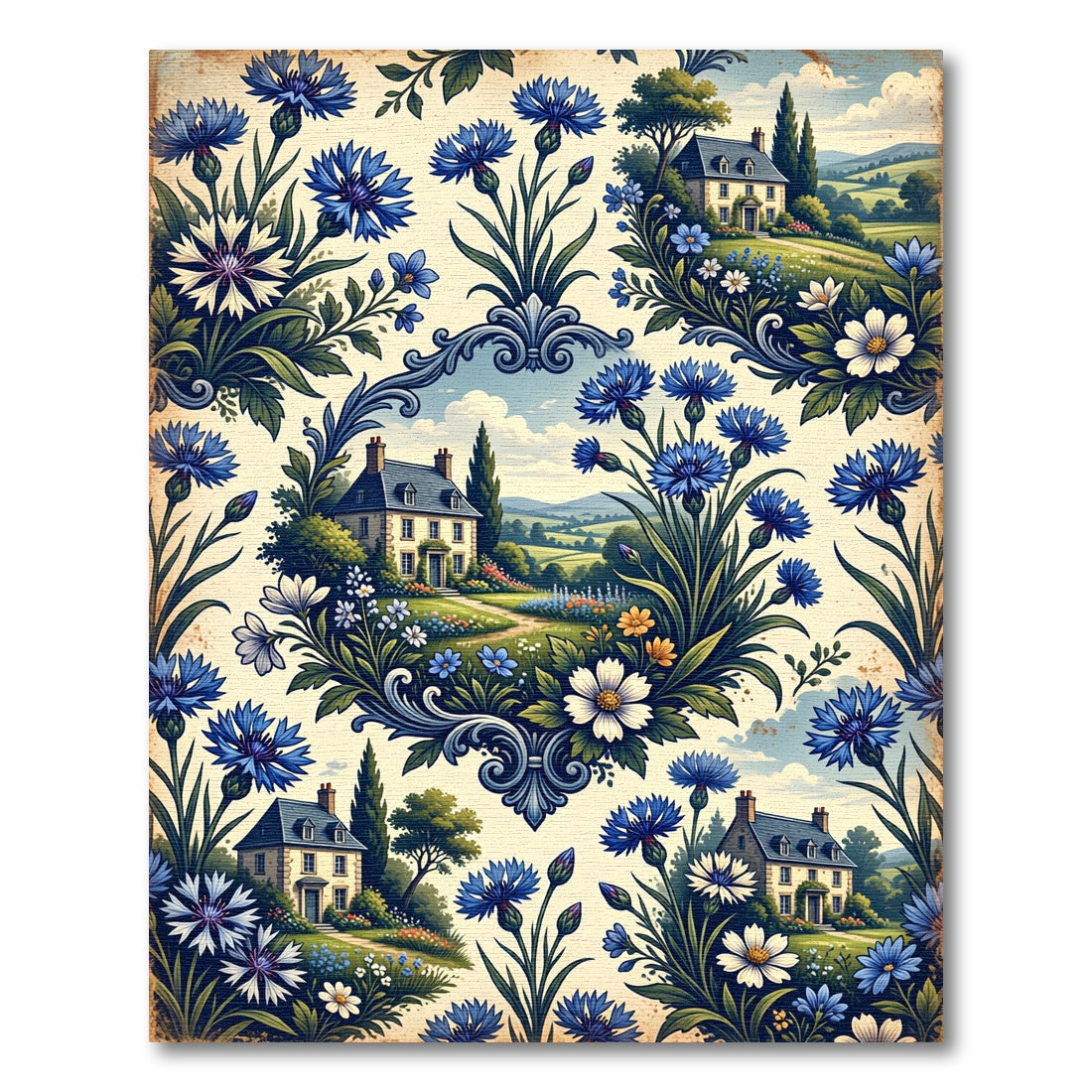 Floral Countryside Blue Cornflower Cottage Rug