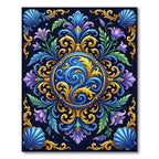Ornate Blue Gold Floral Shell Garden Rug