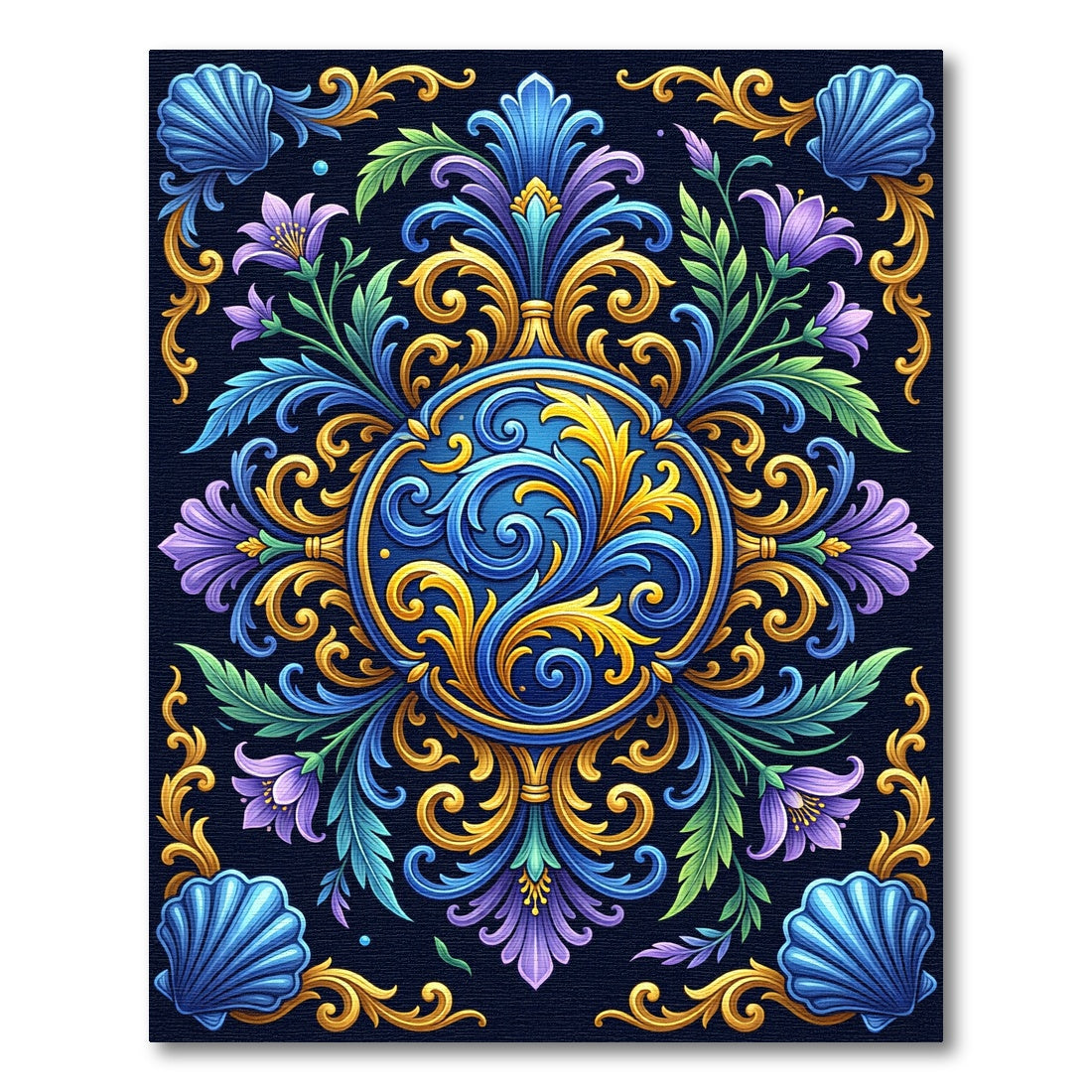 Ornate Blue Gold Floral Shell Garden Rug