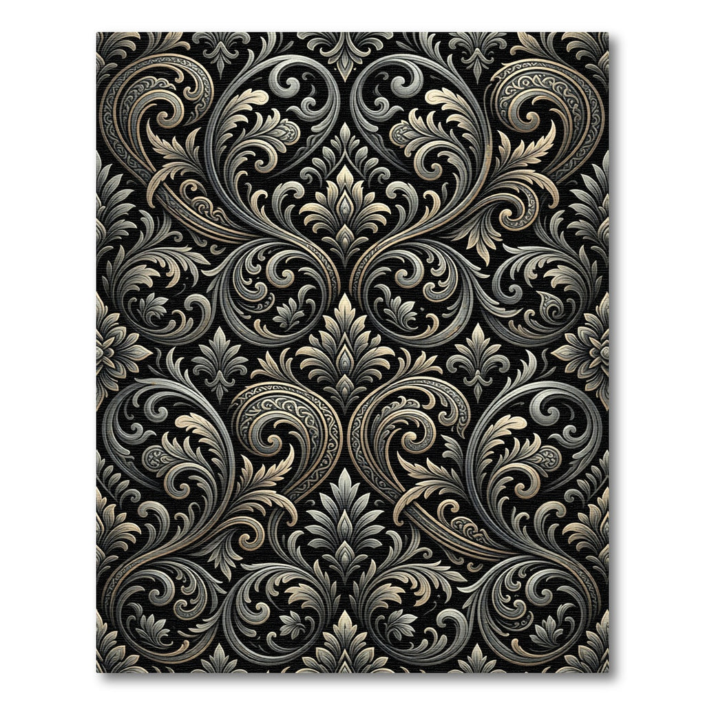Ornate Black Silver Acanthus Scroll Rug