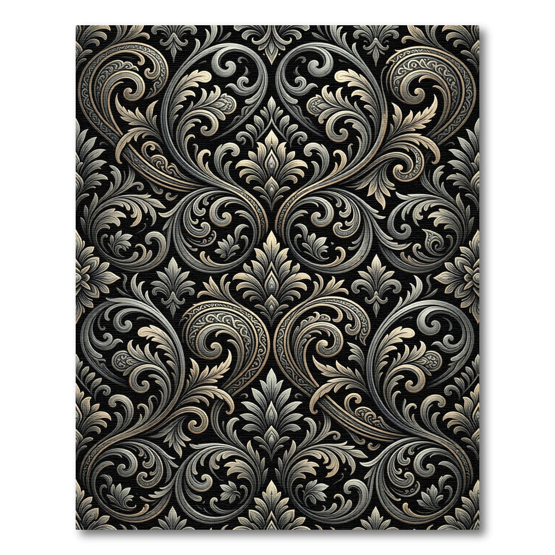 Ornate Black Silver Acanthus Scroll Rug