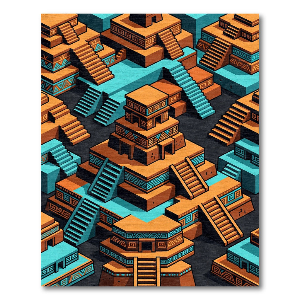 Isometric Terracotta and Teal Aztec Ziggurat Rug