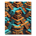 Isometric Terracotta and Teal Aztec Ziggurat Rug