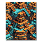 Isometric Terracotta and Teal Aztec Ziggurat Rug